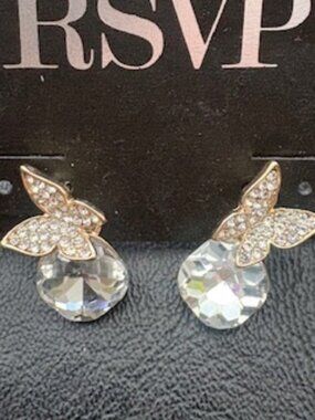 RSVP gold tone butterfly earrings-Clear stones-Tear drop shaped